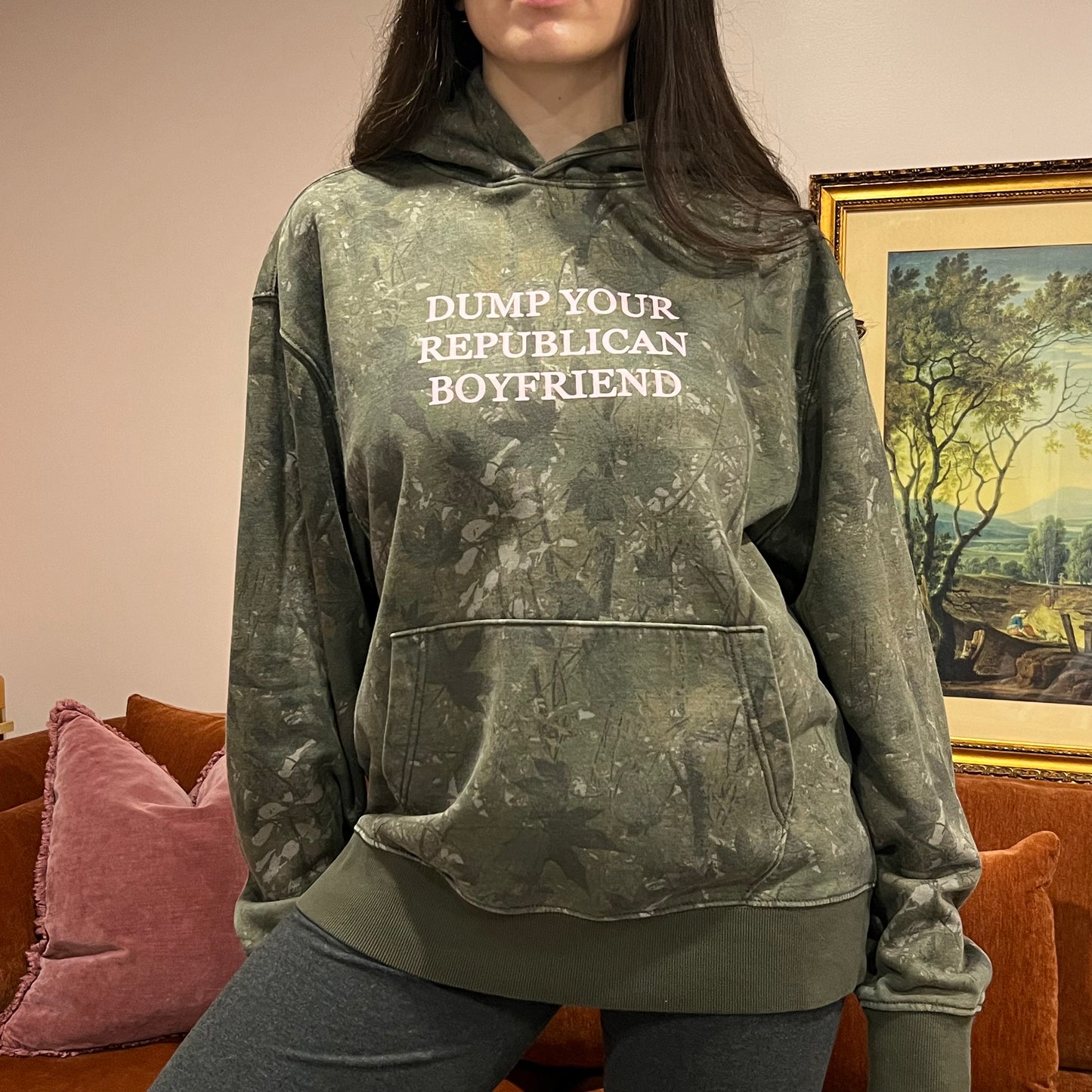 DUMP YOUR REPUBLICAN BOYFRIEND camo hoodie with pink text (L)