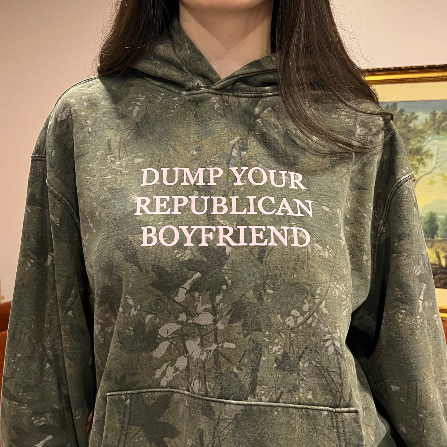 DUMP YOUR REPUBLICAN BOYFRIEND camo hoodie with pink text (L)