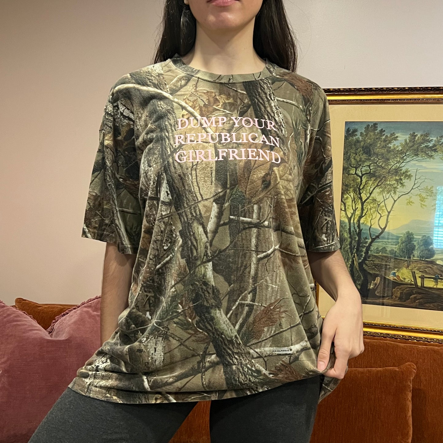 DUMP YOUR REPUBLICAN GIRLFRIEND camo t-shirt with pink text (2XL)
