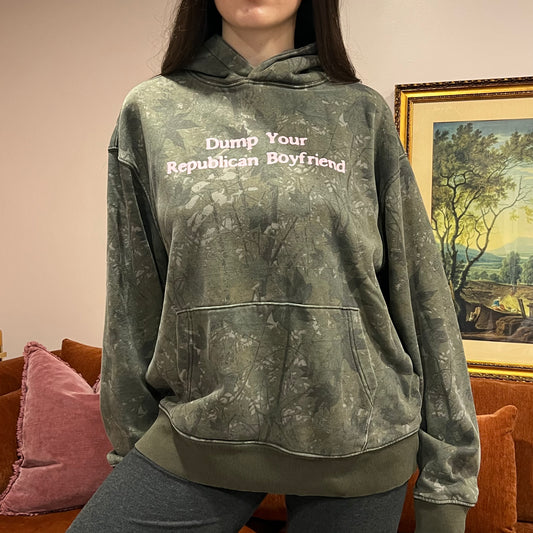 DUMP YOUR REPUBLICAN BOYFRIEND camo hoodie with pink text (L)