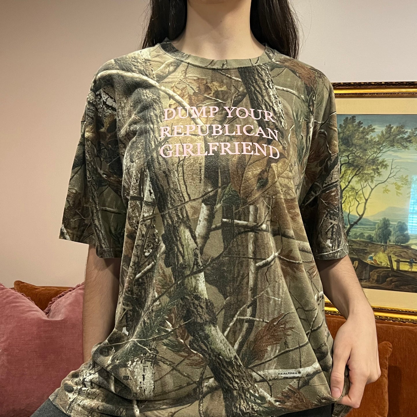 DUMP YOUR REPUBLICAN GIRLFRIEND camo t-shirt with pink text (2XL)