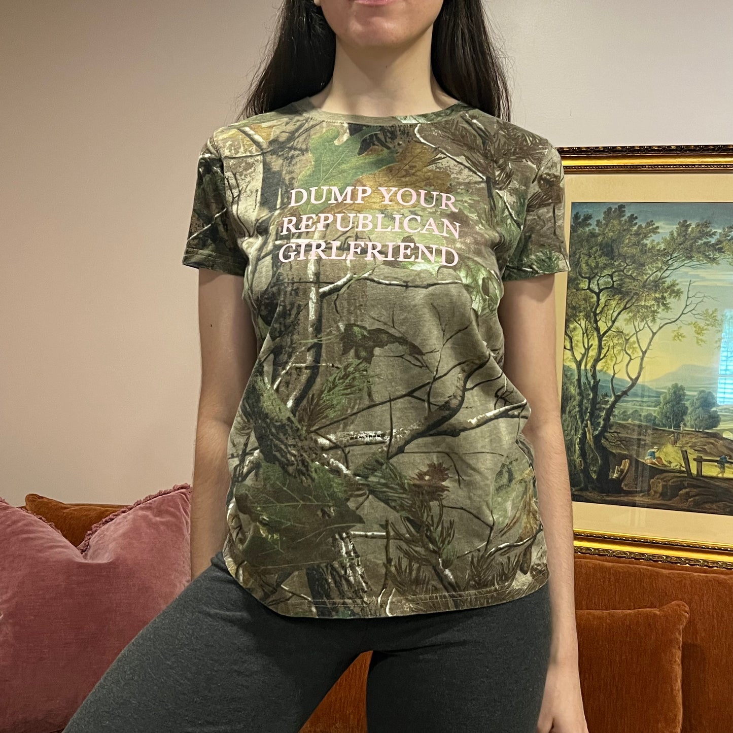 DUMP YOUR REPUBLICAN GIRLFRIEND camo t-shirt with pink text (L)