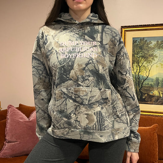 DUMP YOUR REPUBLICAN BOYFRIEND camo hoodie with pink text (L)
