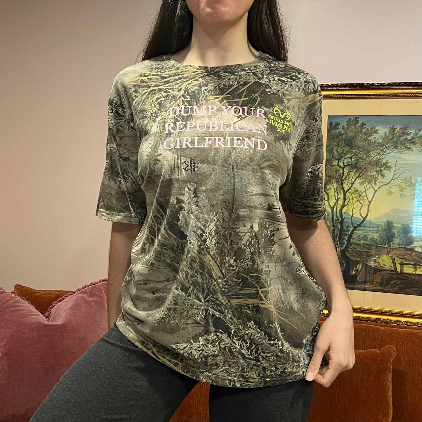 DUMP YOUR REPUBLICAN GIRLFRIEND camo t-shirt with pink text (L)