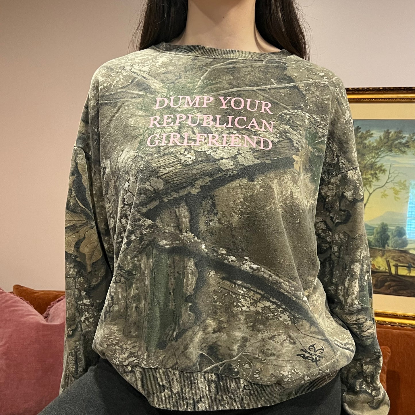 DUMP YOUR REPUBLICAN GIRLFRIEND camo crewneck with pink text (L)