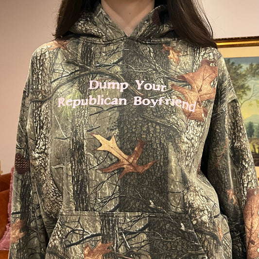 DUMP YOUR REPUBLICAN BOYFRIEND camo hoodie with pink text (L)