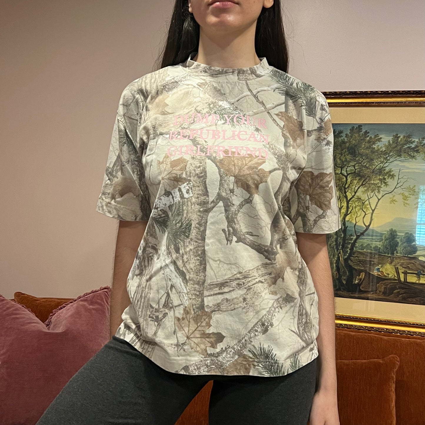DUMP YOUR REPUBLICAN GIRLFRIEND white camo t-shirt with pink text (M)