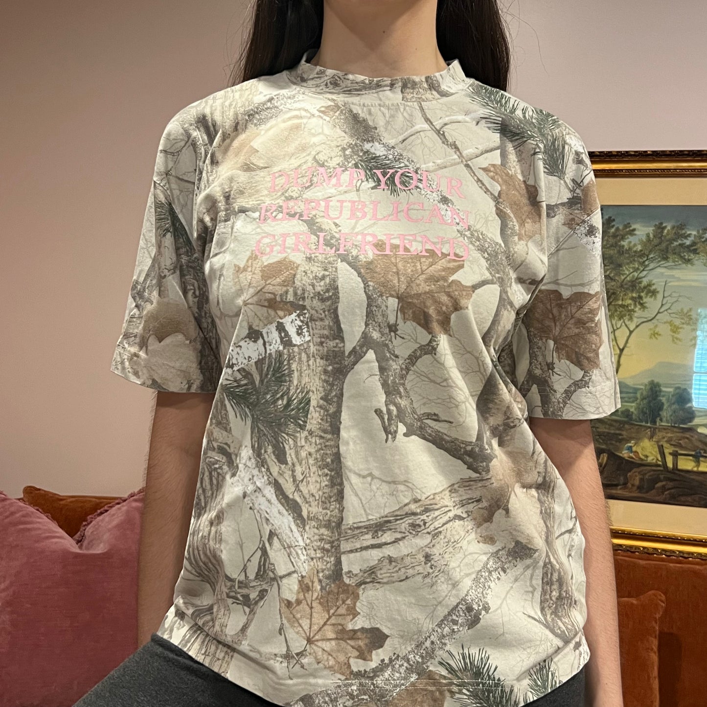DUMP YOUR REPUBLICAN GIRLFRIEND white camo t-shirt with pink text (M)