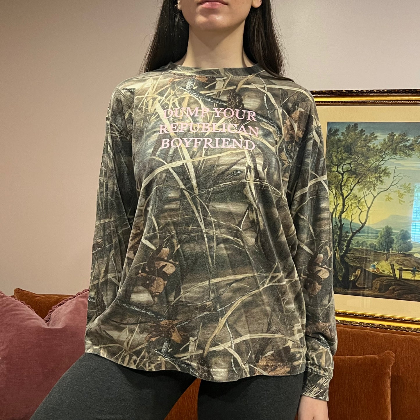 DUMP YOUR REPUBLICAN BOYFRIEND camo long sleeve t-shirt with pink text (L)