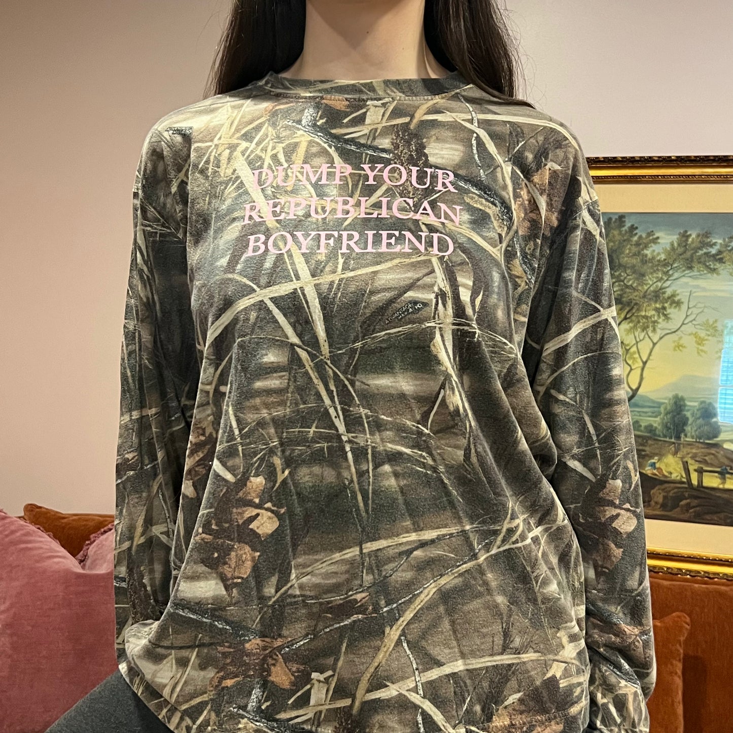 DUMP YOUR REPUBLICAN BOYFRIEND camo long sleeve t-shirt with pink text (L)