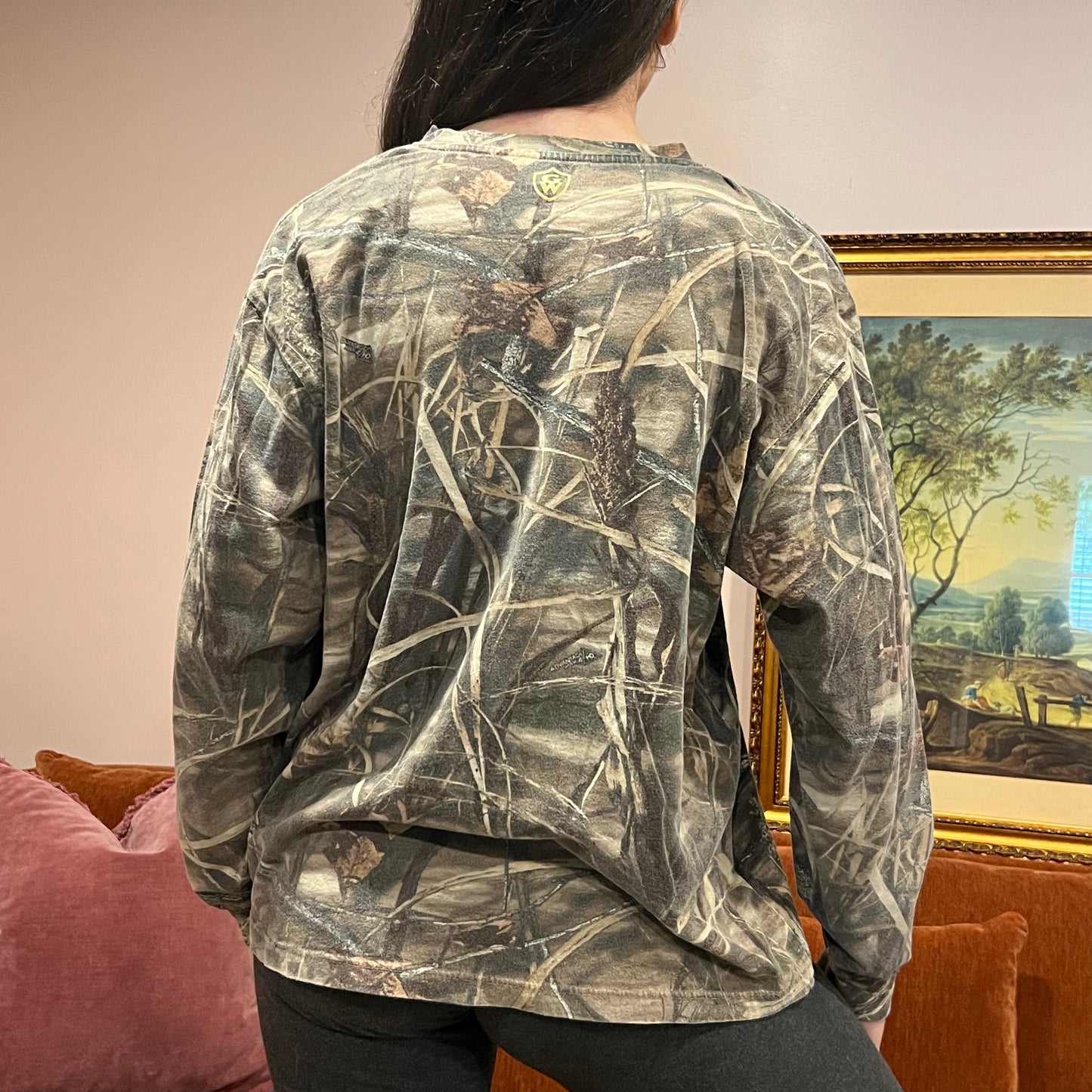DUMP YOUR REPUBLICAN BOYFRIEND camo long sleeve t-shirt with pink text (L)