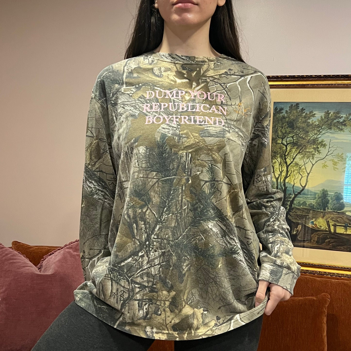 DUMP YOUR REPUBLICAN BOYFRIEND camo long sleeve t-shirt with pink text (XL)