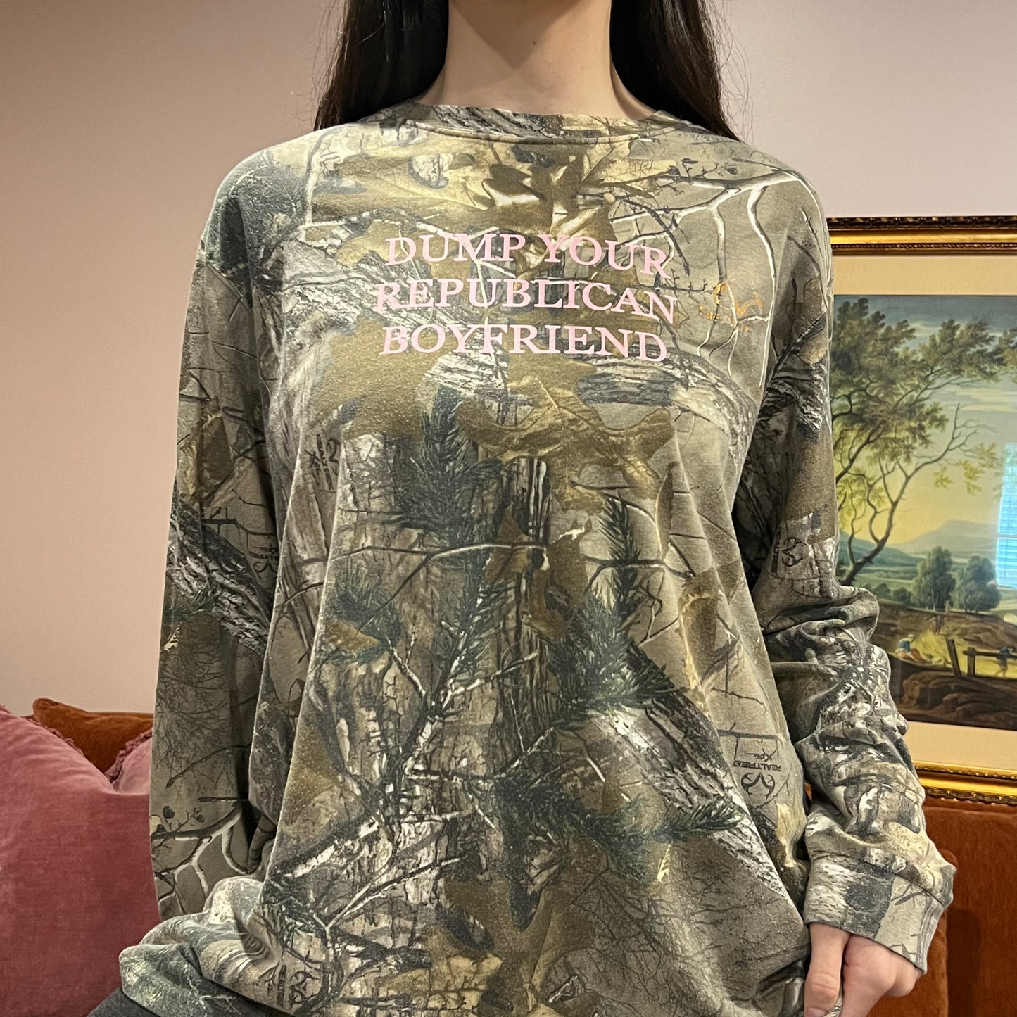 DUMP YOUR REPUBLICAN BOYFRIEND camo long sleeve t-shirt with pink text (XL)