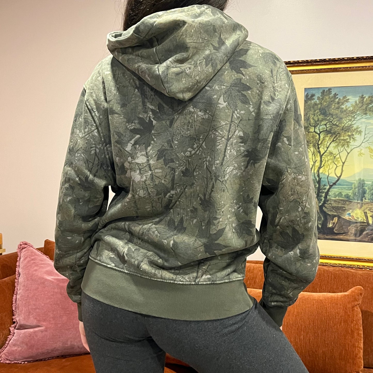 DUMP YOUR REPUBLICAN BOYFRIEND camo hoodie with orange text (S)