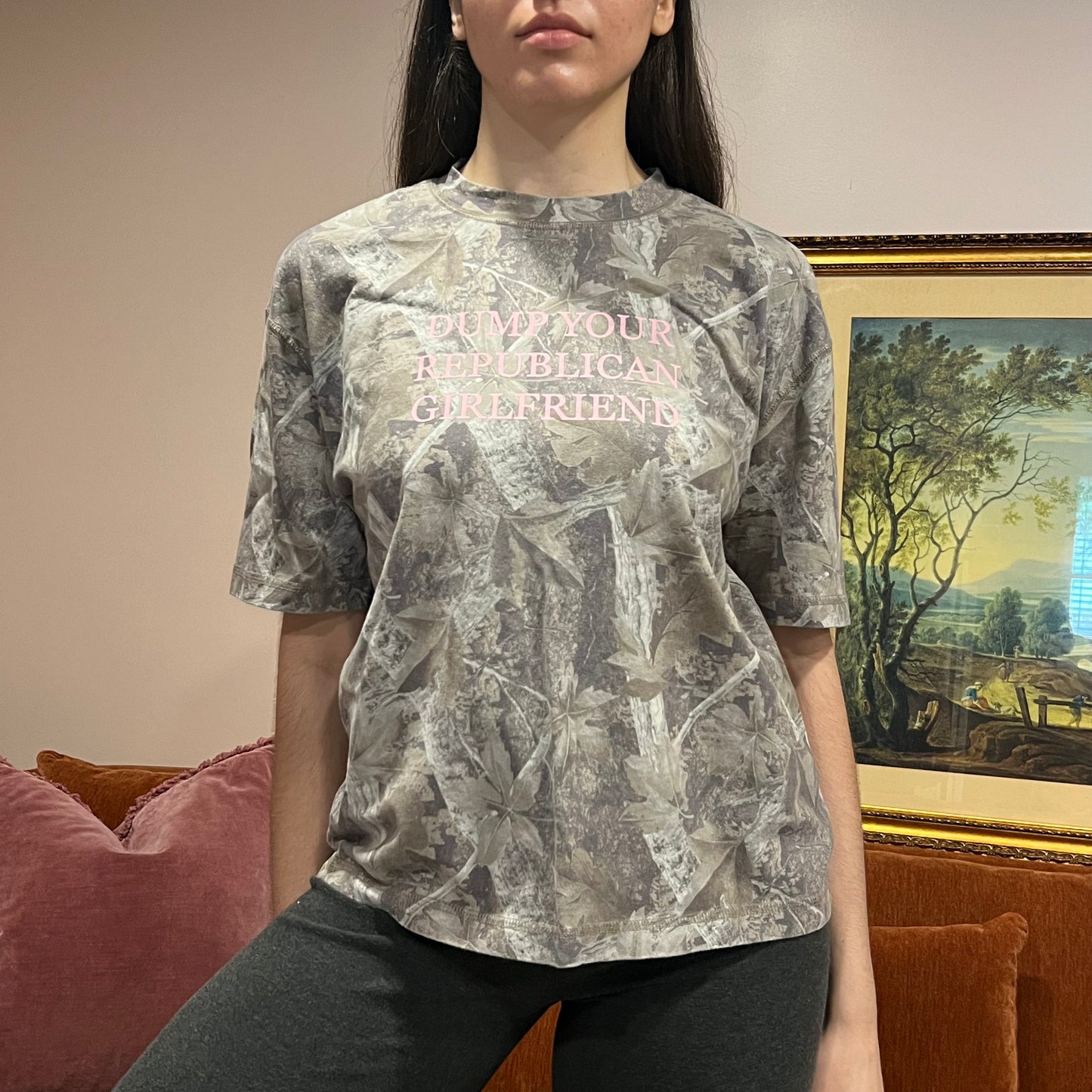 DUMP YOUR REPUBLICAN GIRLFRIEND camo t-shirt with pink text (M)