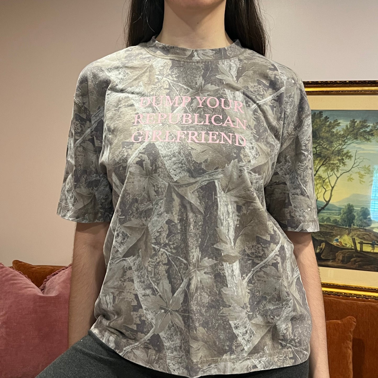 DUMP YOUR REPUBLICAN GIRLFRIEND camo t-shirt with pink text (M)