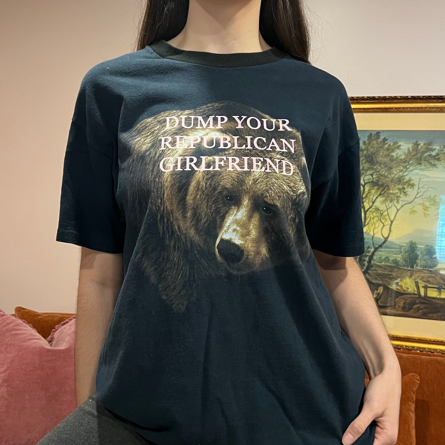 DUMP YOUR REPUBLICAN GIRLFRIEND bear t-shirt with pink text (XL)