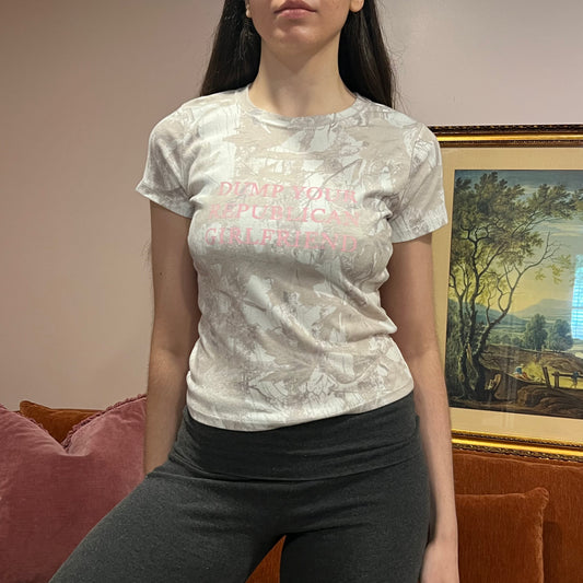DUMP YOUR REPUBLICAN GIRLFRIEND white camo t-shirt with pink text (M)