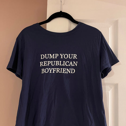 DUMP YOUR REPUBLICAN GIRLFRIEND white camo t-shirt with pink text (M)