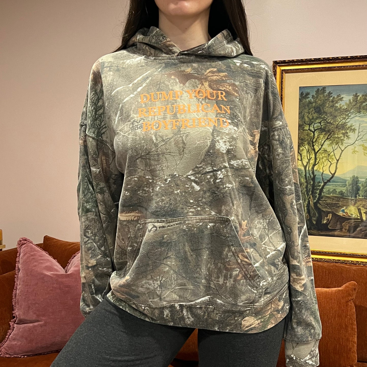 DUMP YOUR REPUBLICAN BOYFRIEND camo hoodie with orange text (L)
