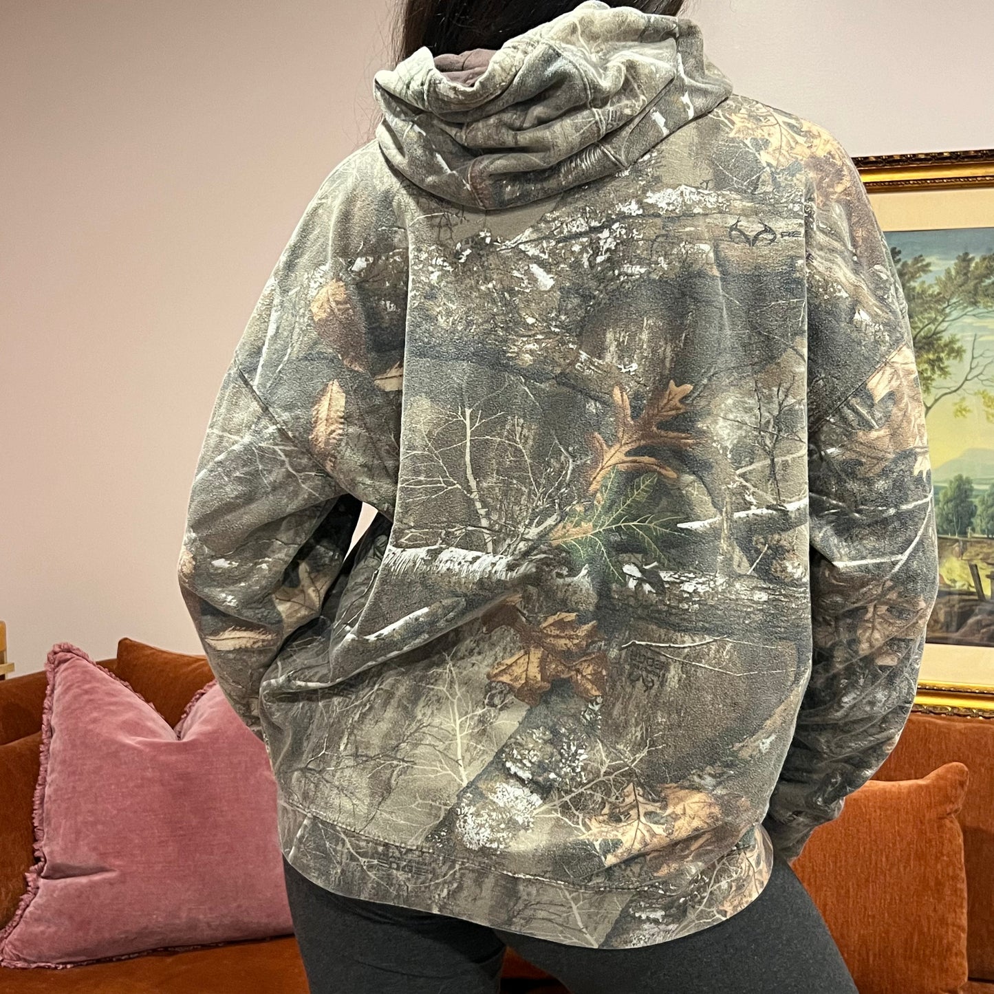 DUMP YOUR REPUBLICAN BOYFRIEND camo hoodie with orange text (L)