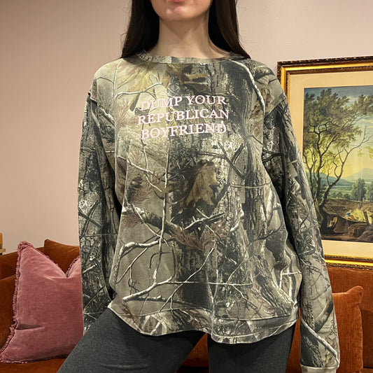 DUMP YOUR REPUBLICAN BOYFRIEND camo crewneck with pink text (XL)