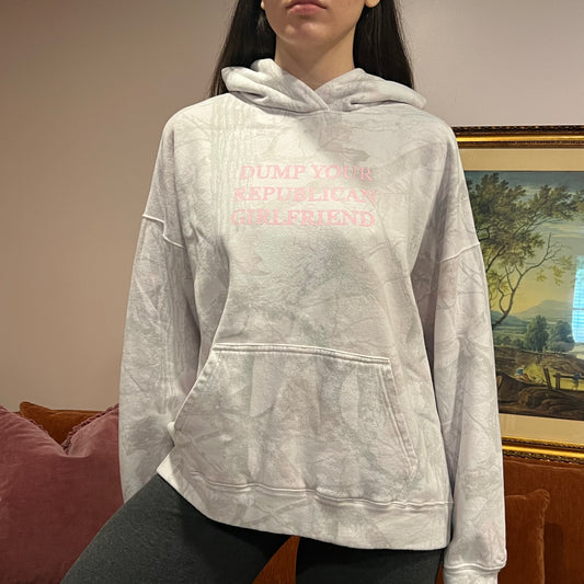 DUMP YOUR REPUBLICAN GIRLFRIEND pink camo hoodie with pink text (L)