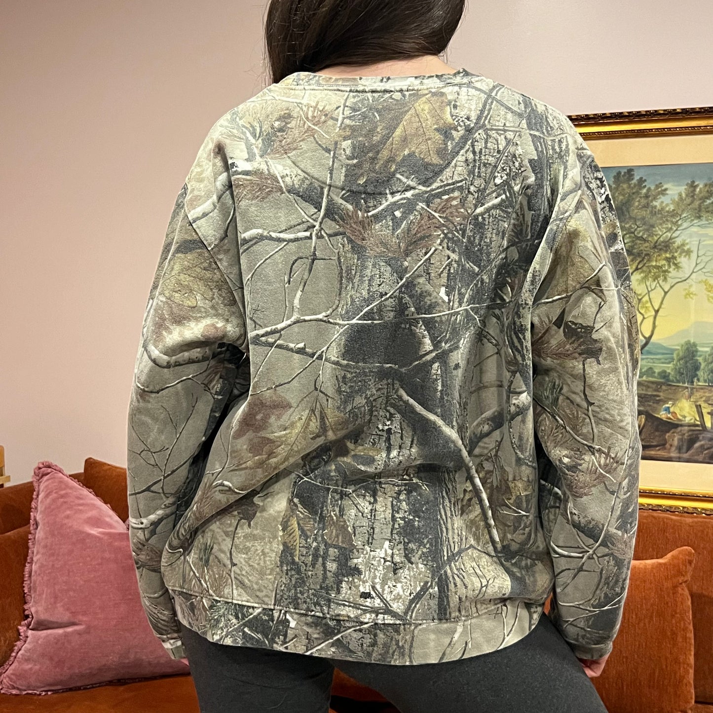 DUMP YOUR REPUBLICAN BOYFRIEND camo crewneck with pink text (XL)