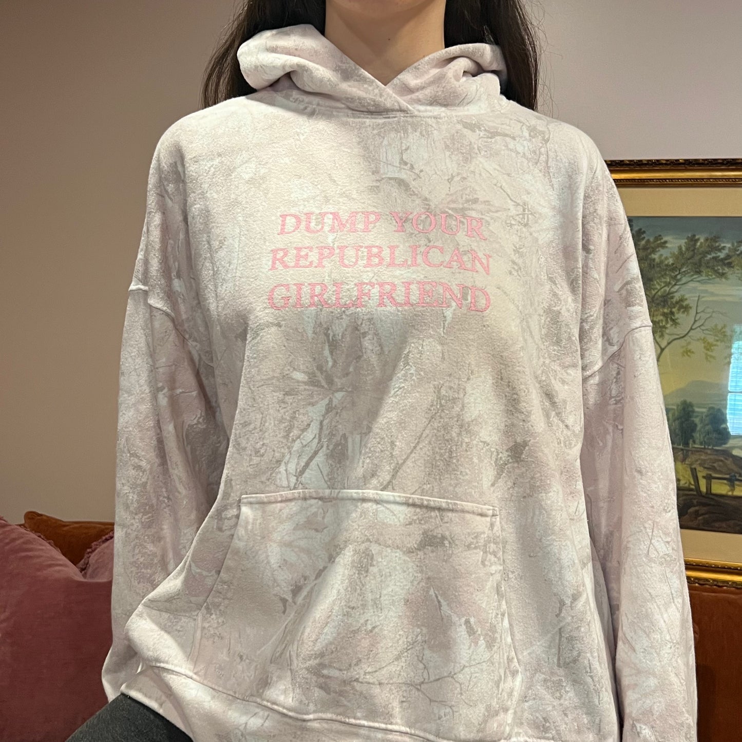DUMP YOUR REPUBLICAN GIRLFRIEND pink camo hoodie with pink text (XL)