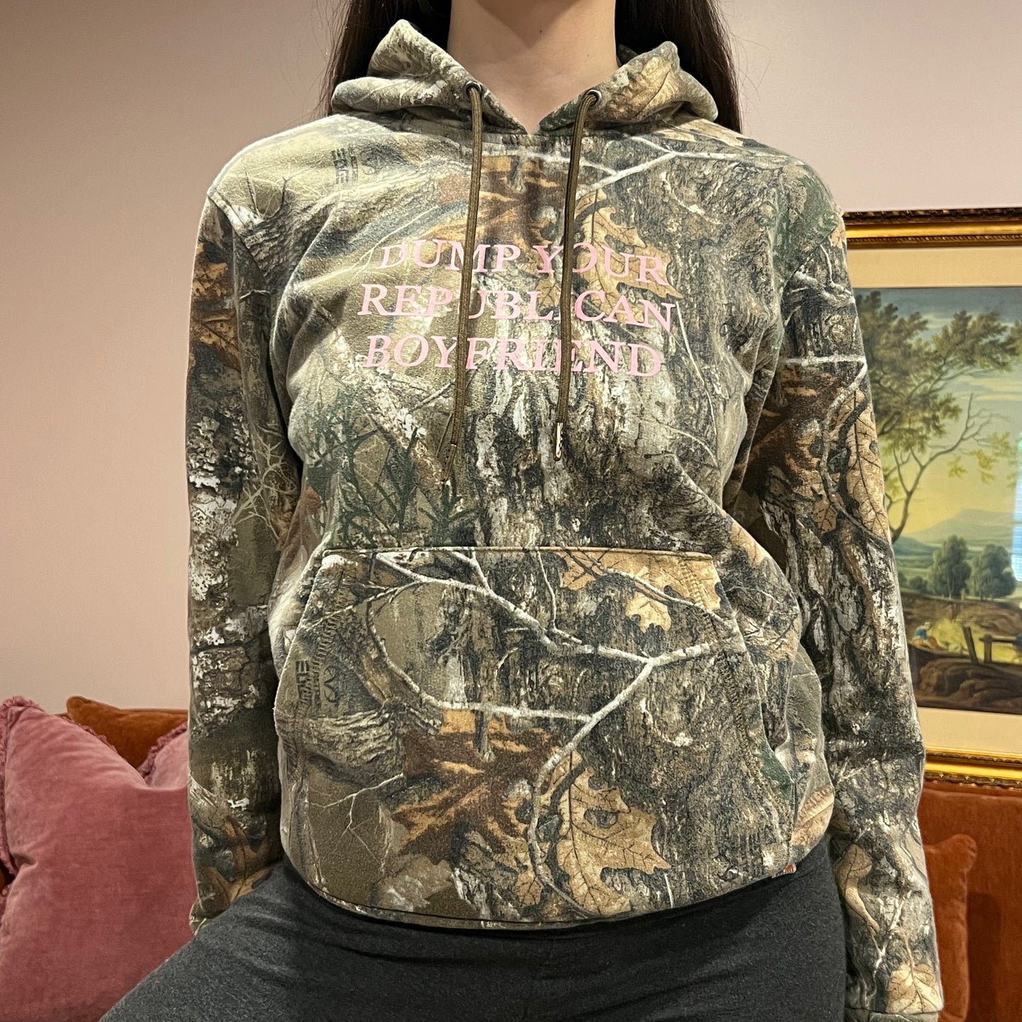 DUMP YOUR REPUBLICAN BOYFRIEND camo hoodie with pink text (S)