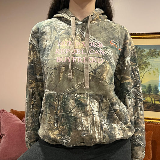 DUMP YOUR REPUBLICAN BOYFRIEND camo hoodie with pink text (L)