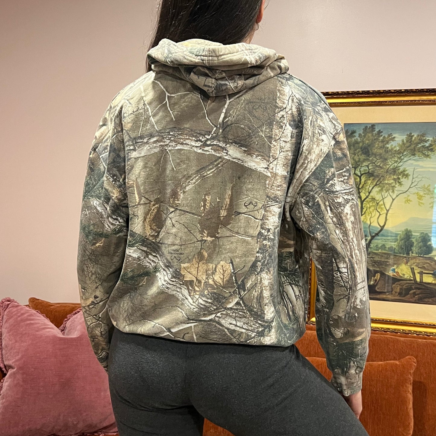 DUMP YOUR REPUBLICAN BOYFRIEND camo hoodie with pink text (L)