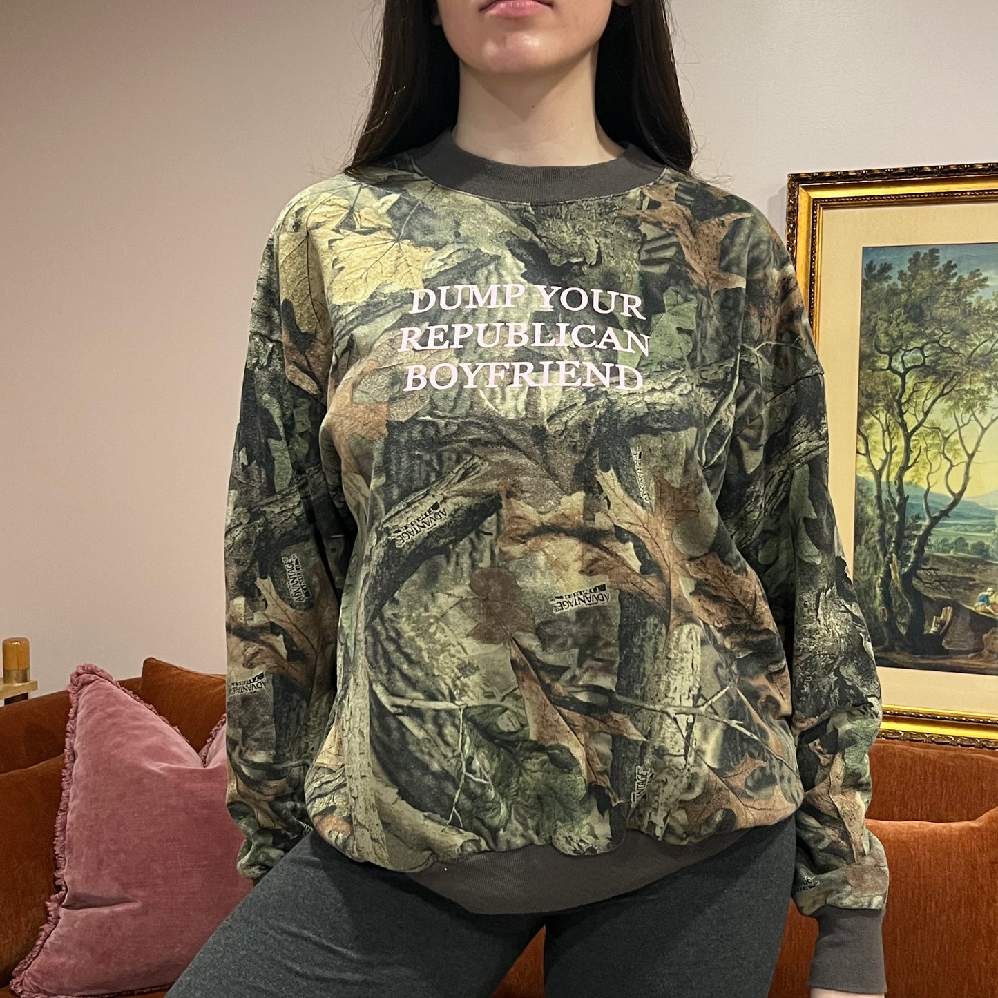 DUMP YOUR REPUBLICAN BOYFRIEND camo crewneck with pink text (XL)
