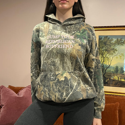 DUMP YOUR REPUBLICAN BOYFRIEND camo hoodie with pink text (L)