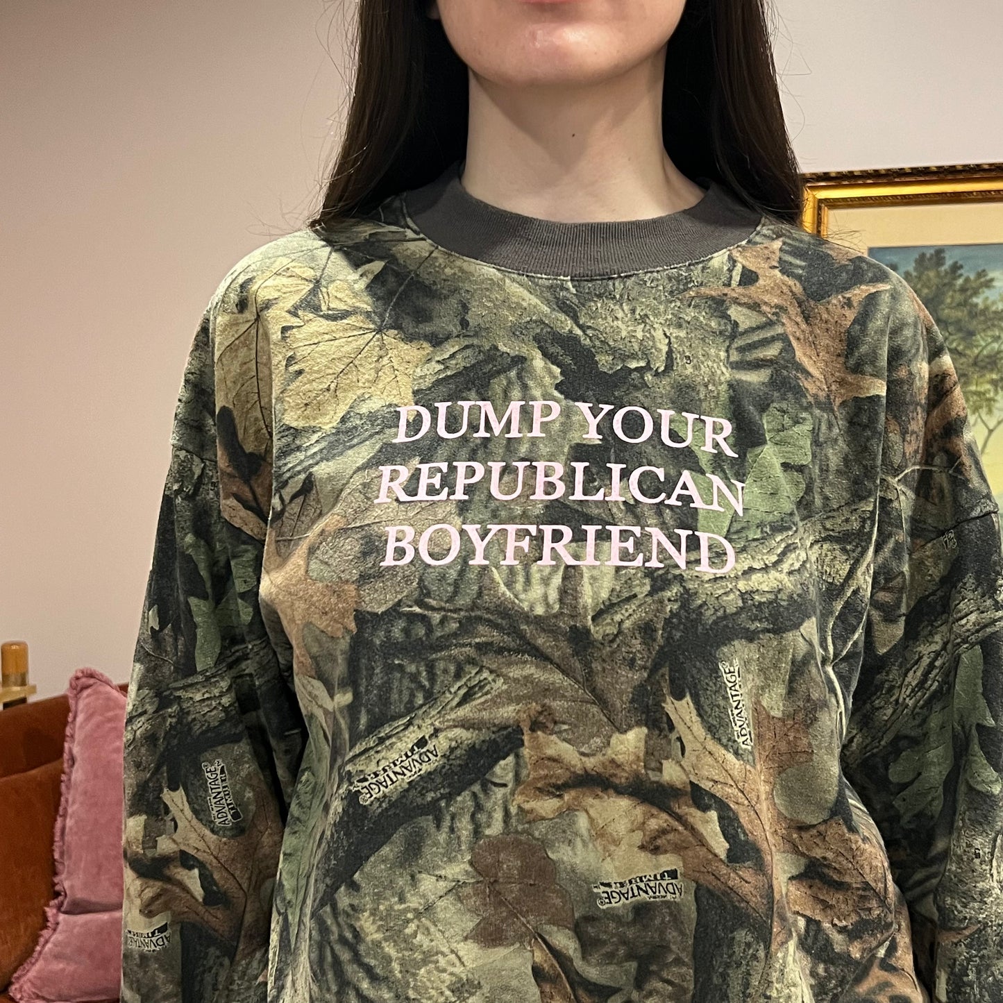 DUMP YOUR REPUBLICAN BOYFRIEND camo crewneck with pink text (XL)
