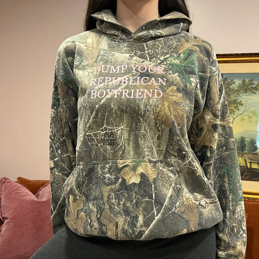 DUMP YOUR REPUBLICAN BOYFRIEND camo hoodie with pink text (L)