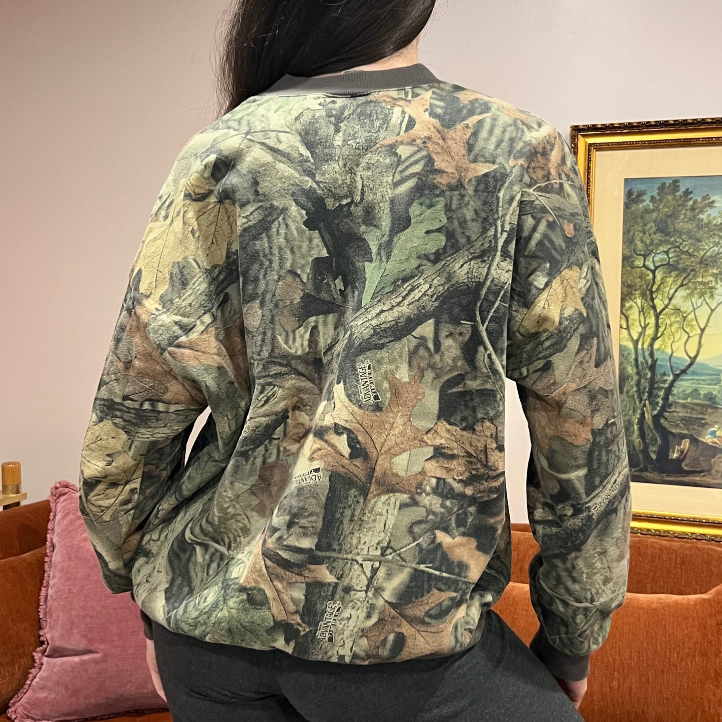 DUMP YOUR REPUBLICAN BOYFRIEND camo crewneck with pink text (XL)