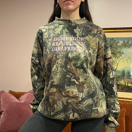 DUMP YOUR REPUBLICAN GIRLFRIEND camo crewneck with pink text (2XL)