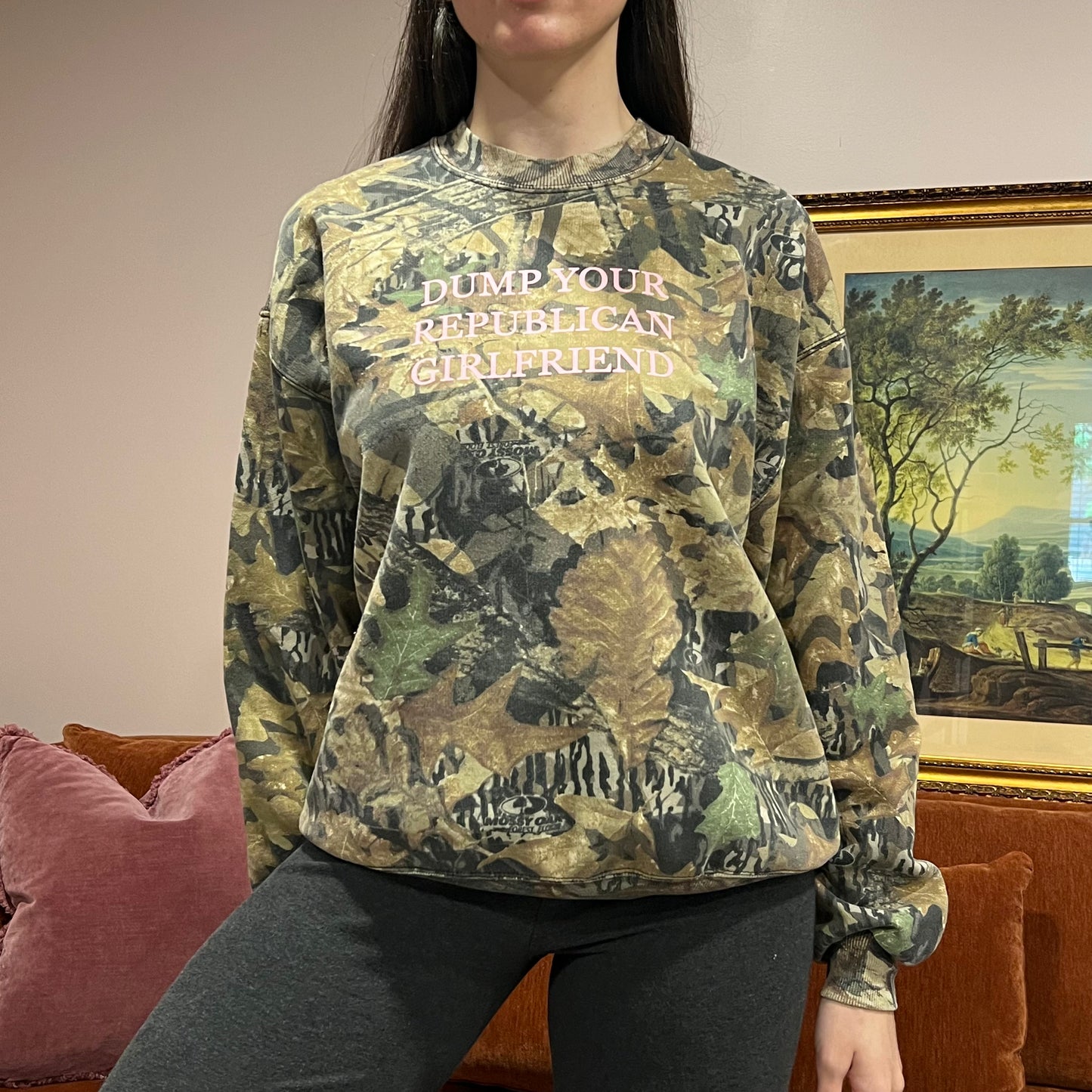 DUMP YOUR REPUBLICAN GIRLFRIEND camo crewneck with pink text (L)
