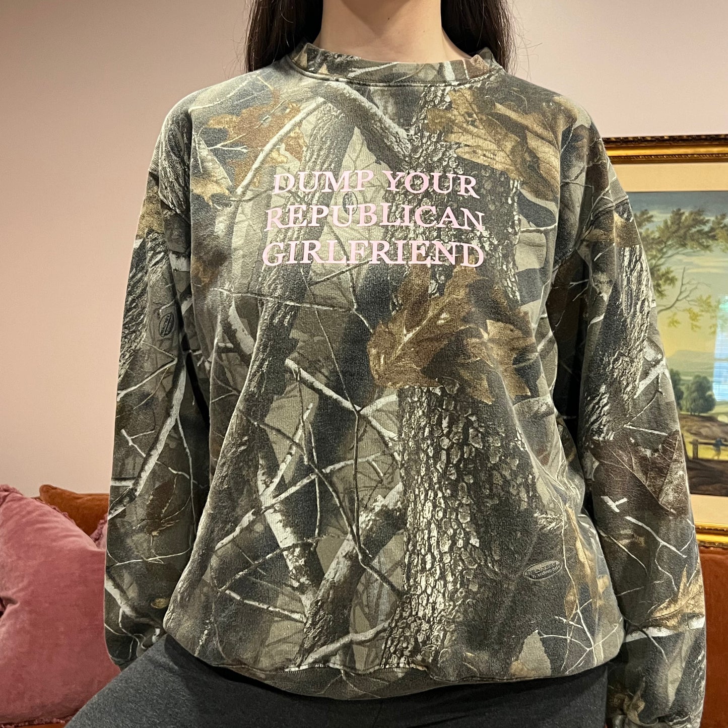 DUMP YOUR REPUBLICAN GIRLFRIEND camo crewneck with pink text (L)