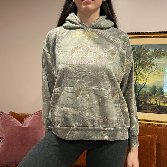 DUMP YOUR REPUBLICAN GIRLFRIEND camo hoodie with pink text (L)