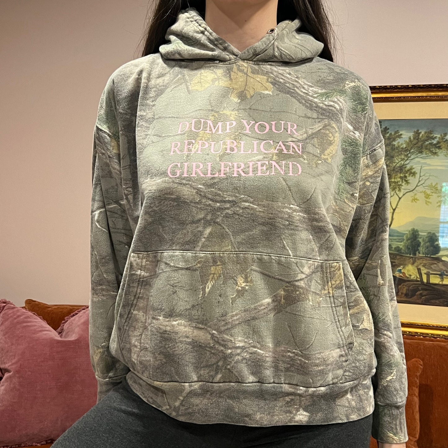 DUMP YOUR REPUBLICAN GIRLFRIEND camo hoodie with pink text (L)