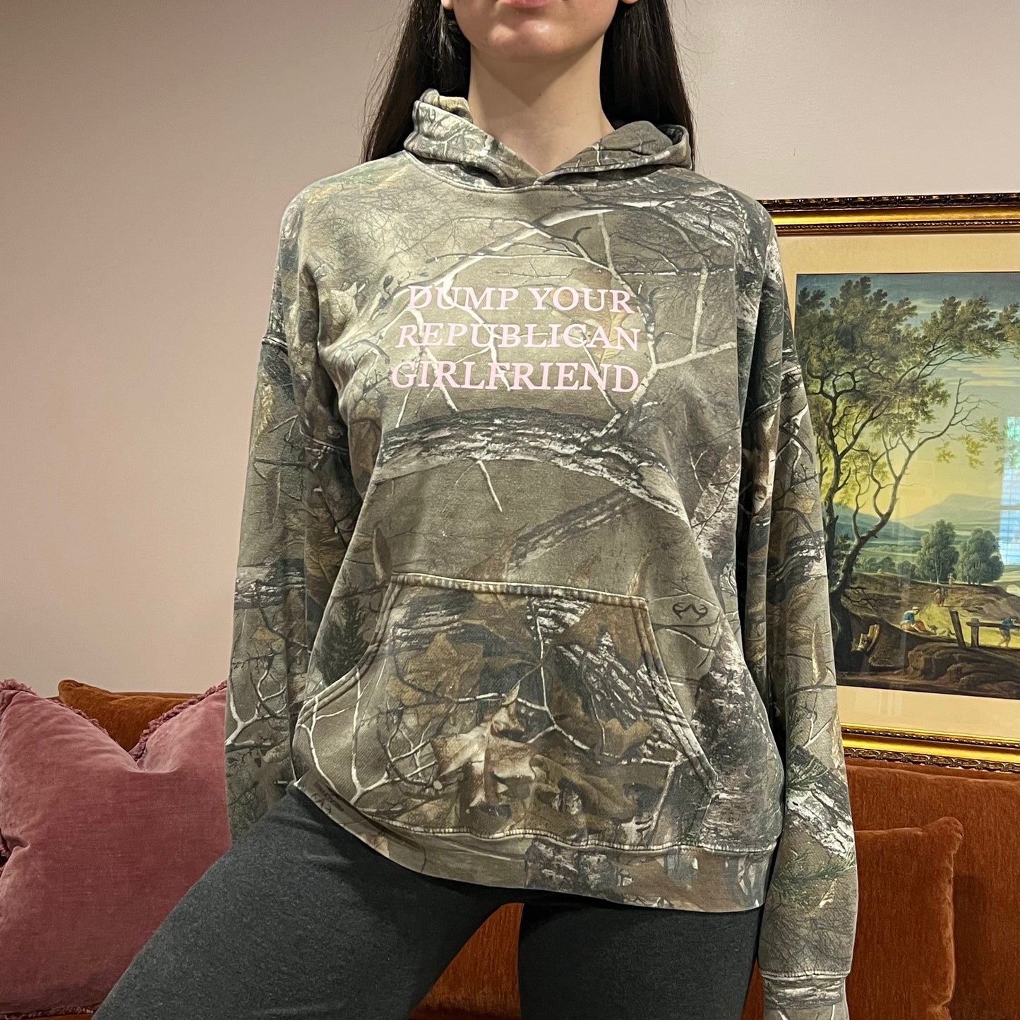 DUMP YOUR REPUBLICAN GIRLFRIEND camo hoodie with pink text (L)