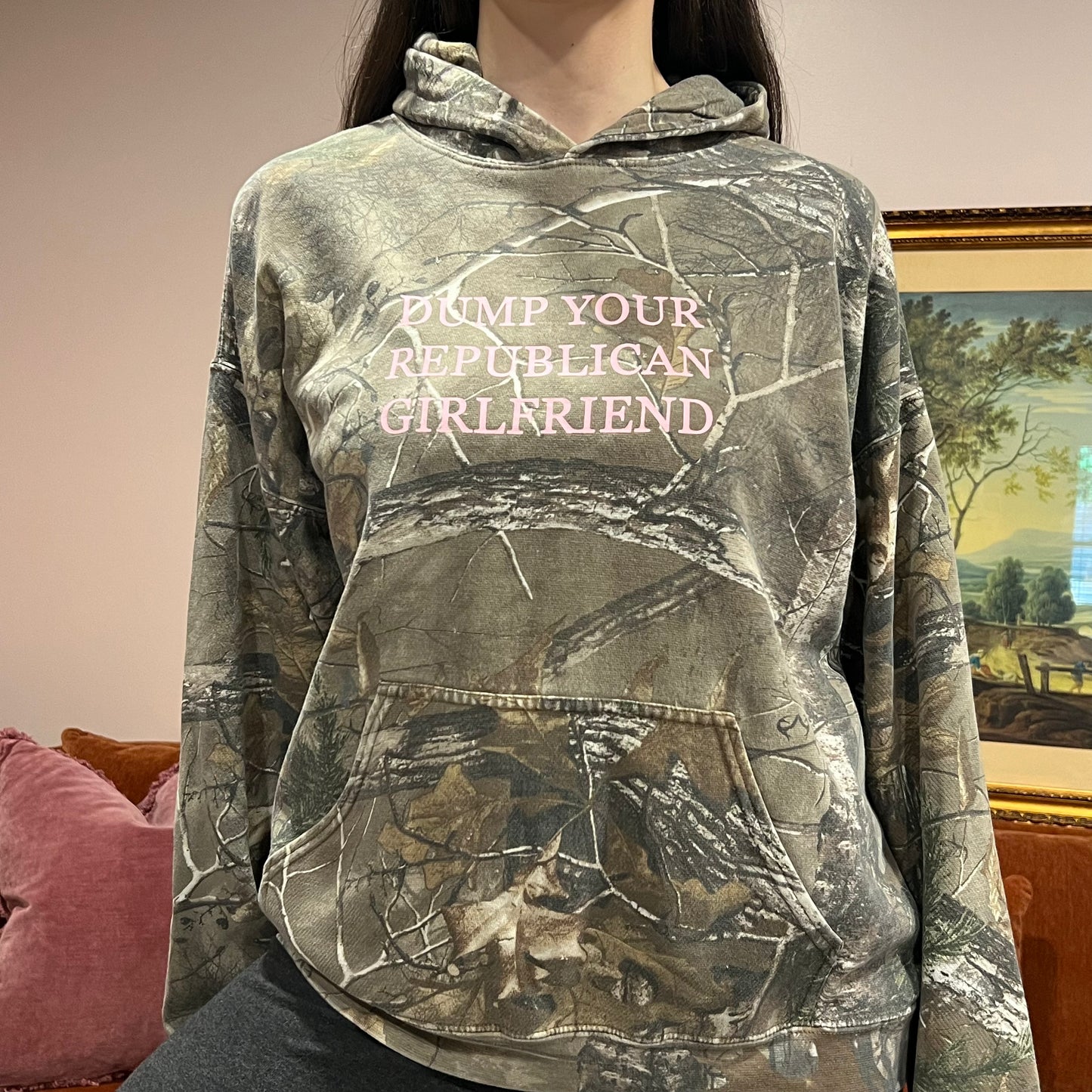 DUMP YOUR REPUBLICAN GIRLFRIEND camo hoodie with pink text (L)