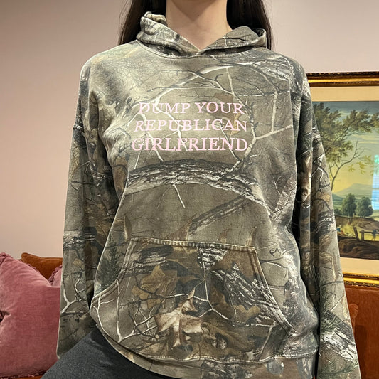 DUMP YOUR REPUBLICAN GIRLFRIEND camo hoodie with pink text (L)