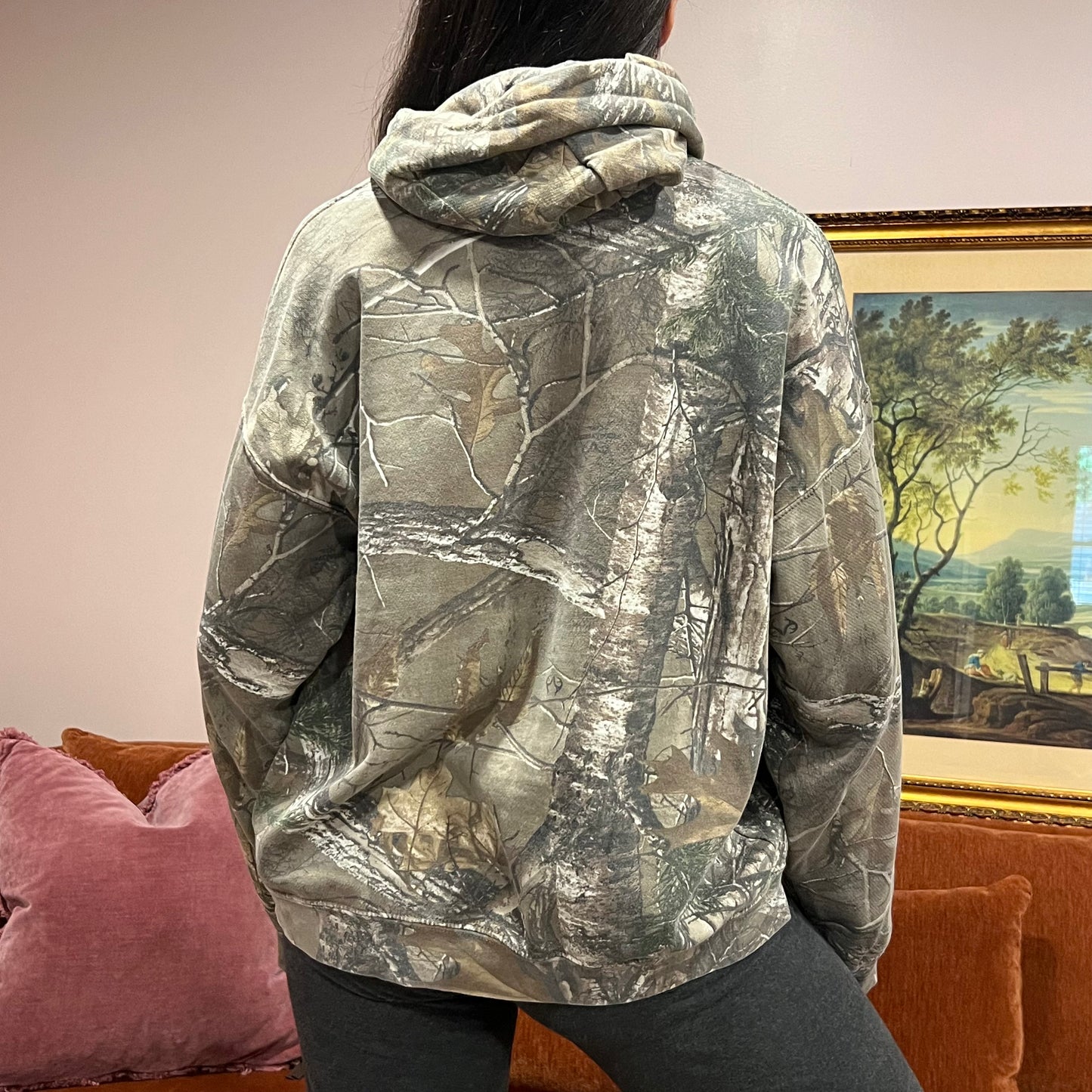 DUMP YOUR REPUBLICAN GIRLFRIEND camo hoodie with pink text (L)