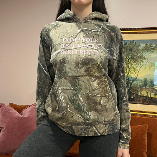 DUMP YOUR REPUBLICAN GIRLFRIEND camo hoodie with pink text (M)