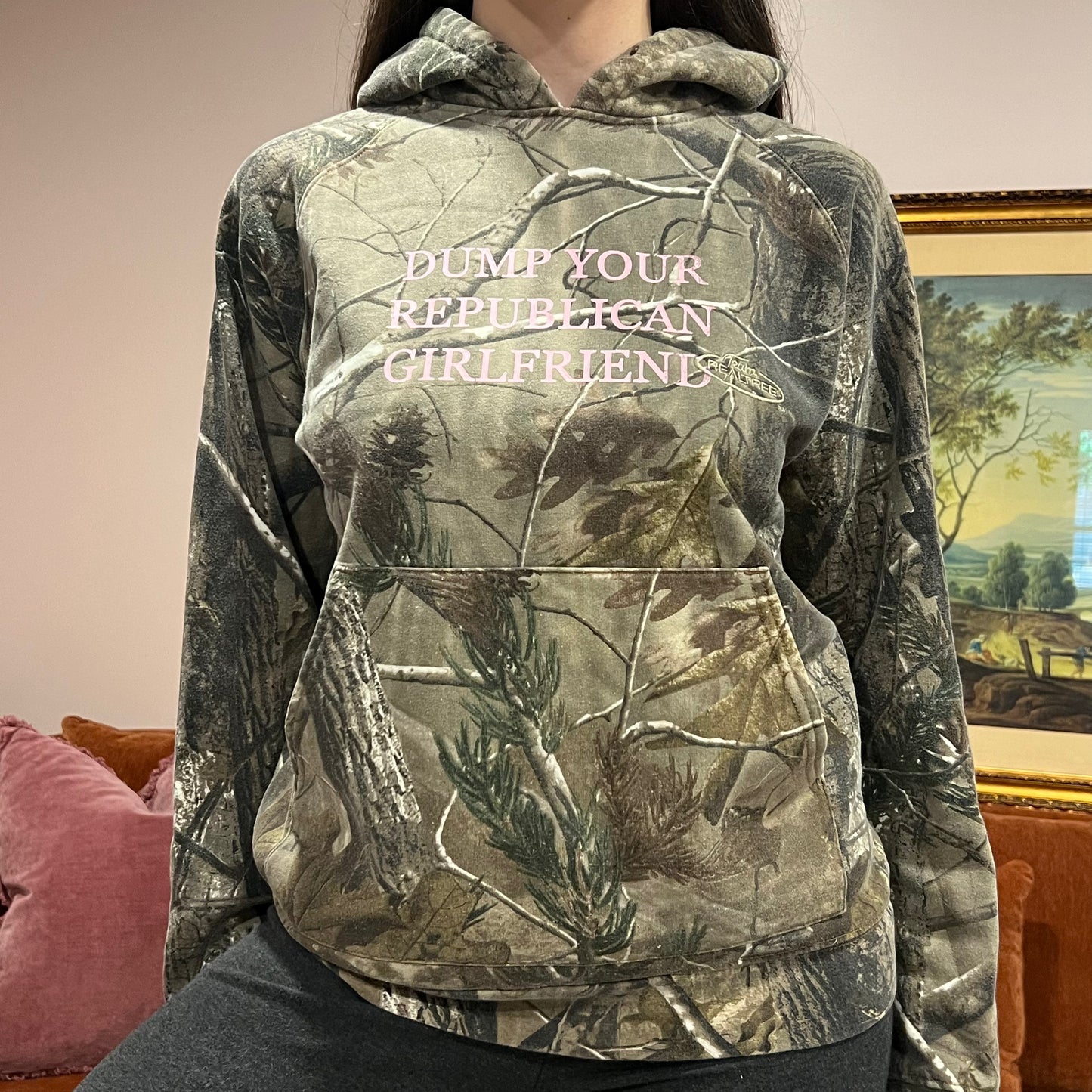 DUMP YOUR REPUBLICAN GIRLFRIEND camo hoodie with pink text (M)