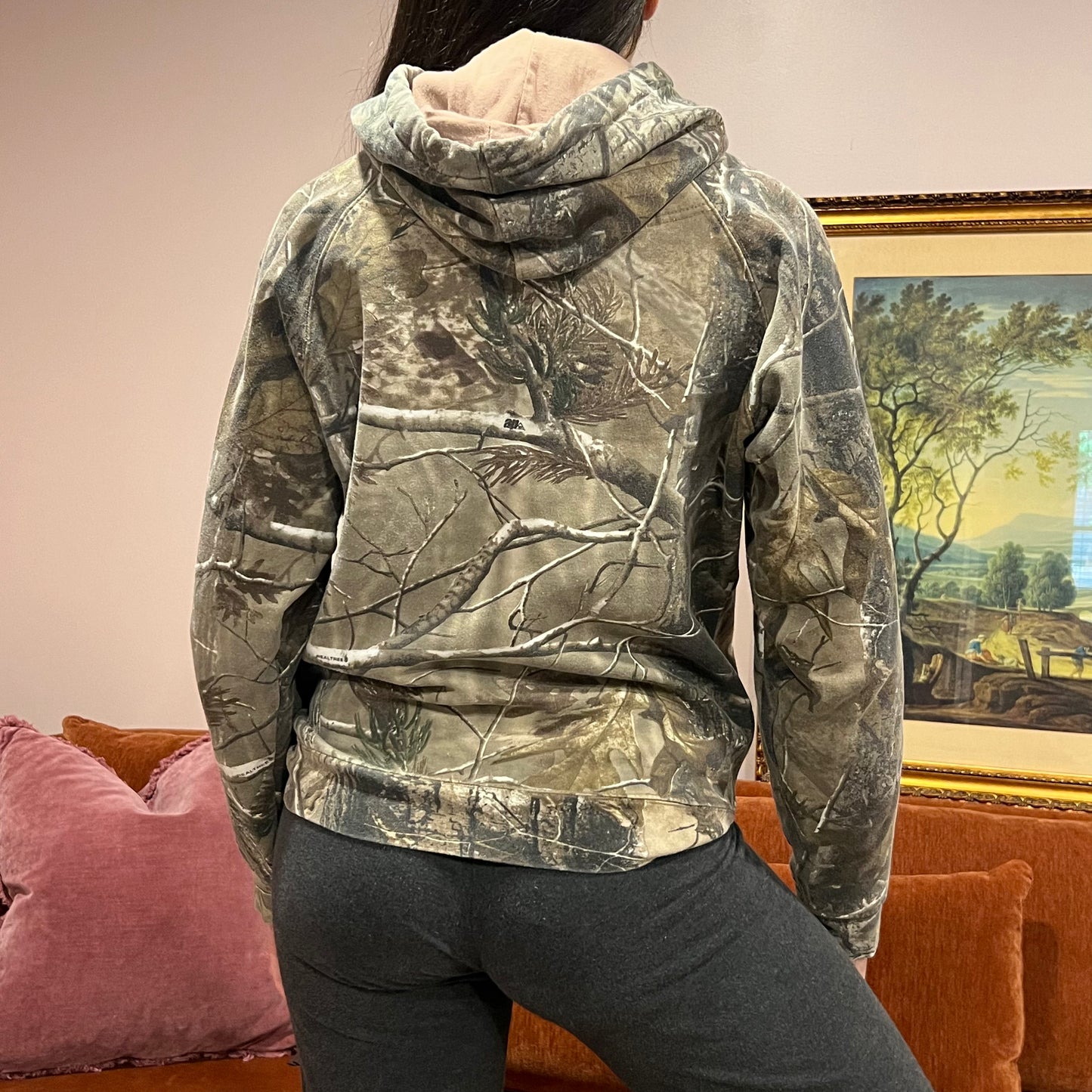 DUMP YOUR REPUBLICAN GIRLFRIEND camo hoodie with pink text (M)