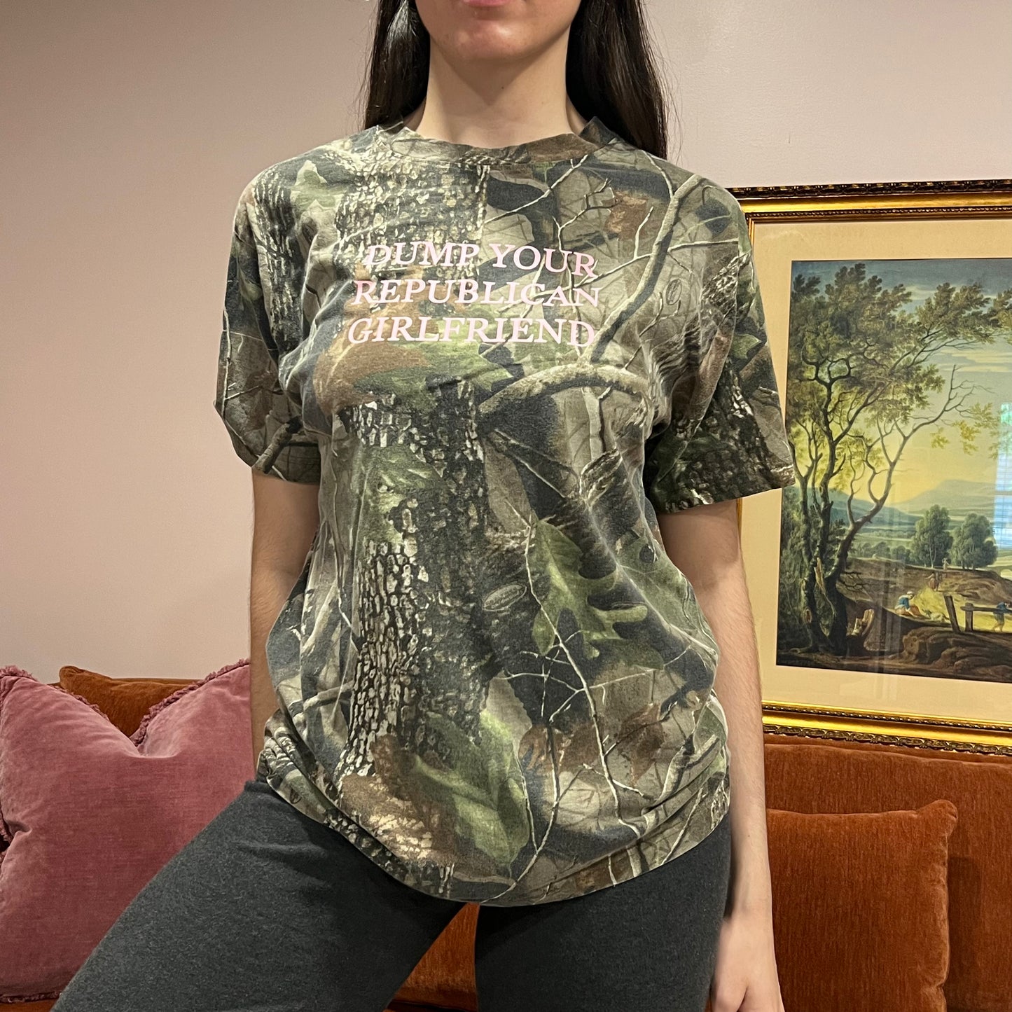 DUMP YOUR REPUBLICAN GIRLFRIEND camo t-shirt with pink text (XL)